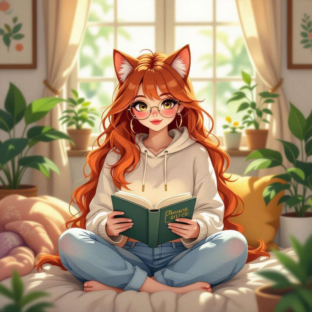 Anime Cat-Woman Reading in Cozy Sunlit Room