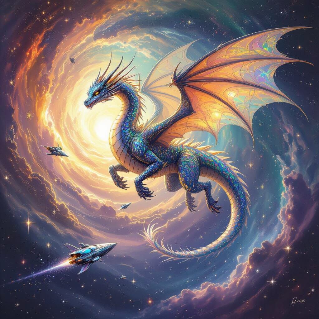 Crystalline Dragon Soaring Through Stardust Vortex