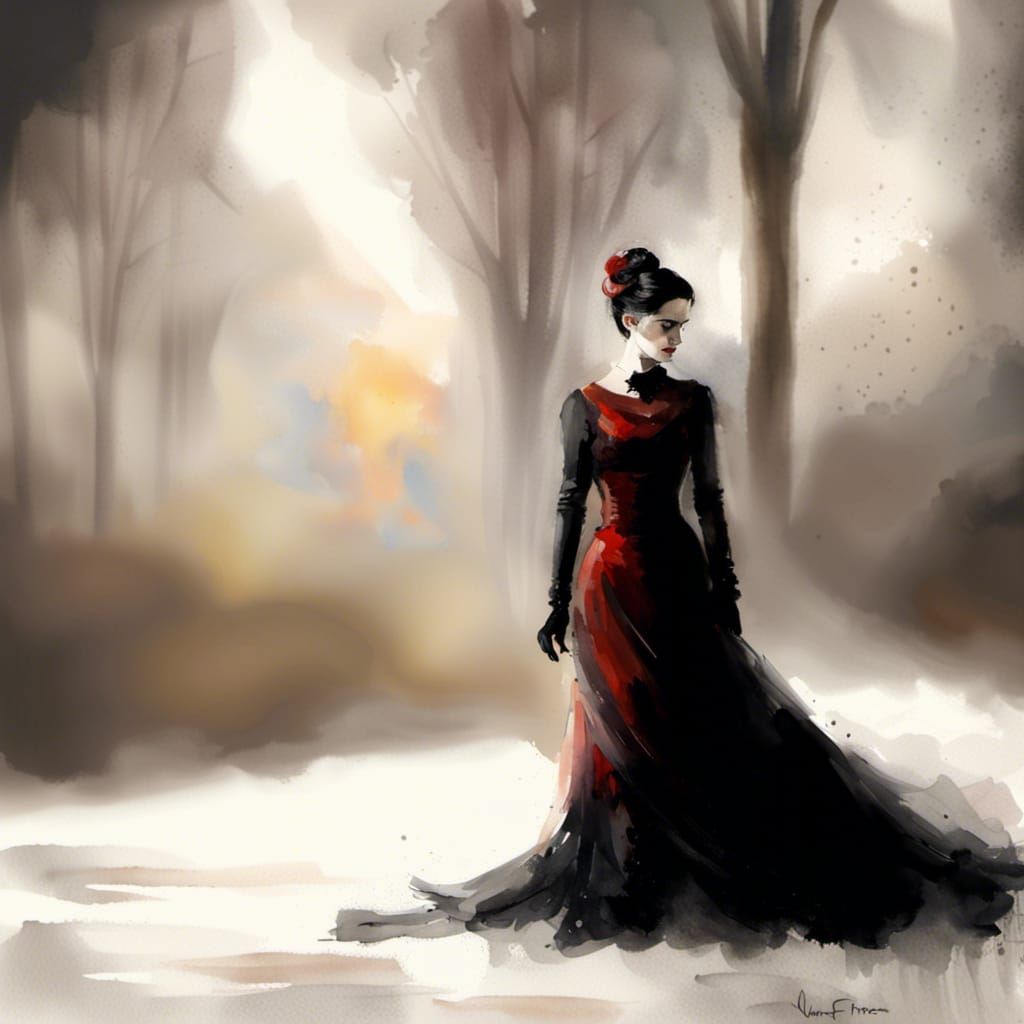 Woman in Scarlet Dress: Impressionistic Watercolor Portrait