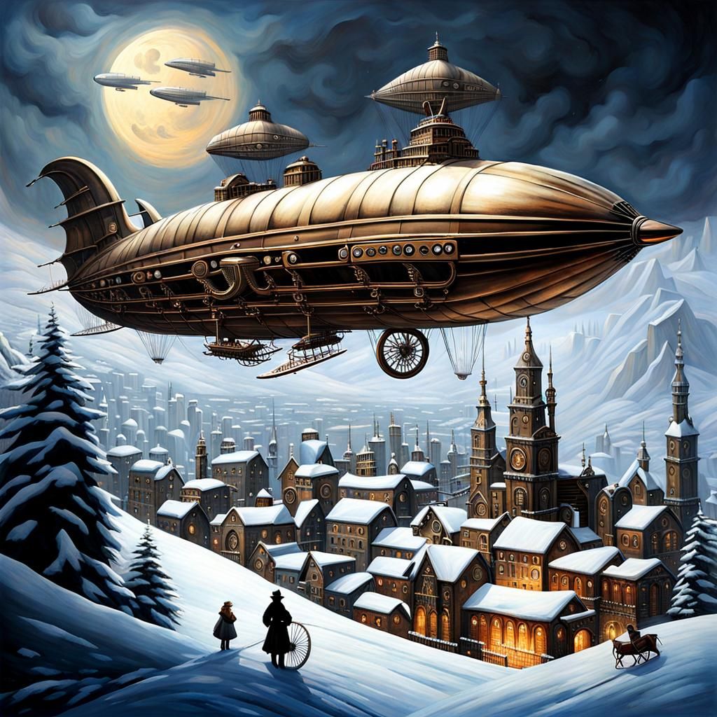 Steampunk Snowscape with Victorian Airship