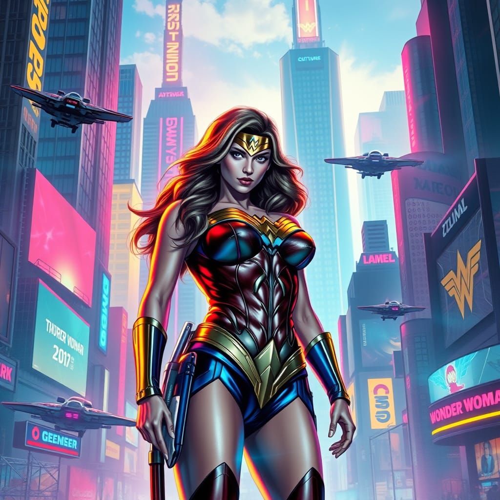 Wonder Woman Defies the Neon City in Cyberpunk Style