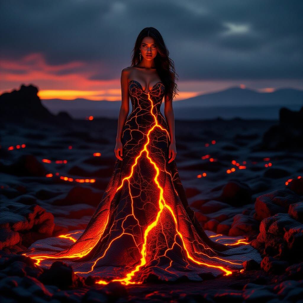 Woman in Molten Lava Dress on Volcanic Landscape