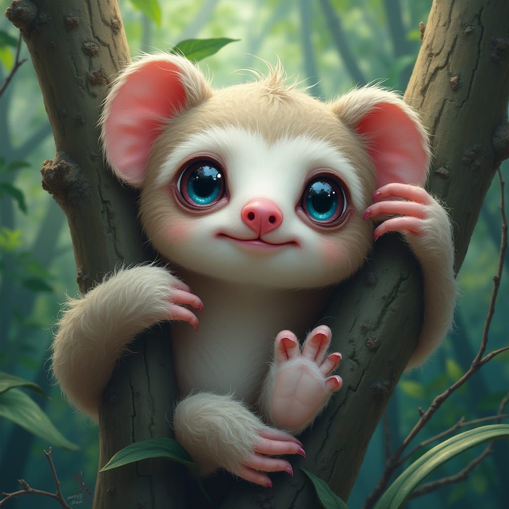 Whimsical Sloth with Blue Eyes in Lush Foliage