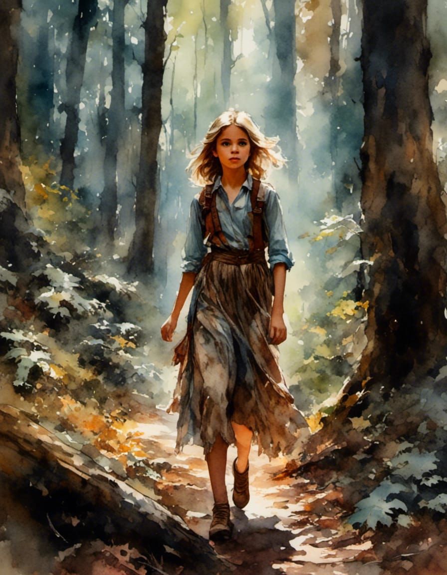Impoverished Girl in Woods: Fantasy Gouache Portrait