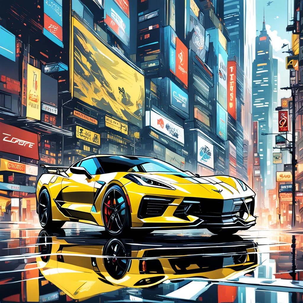 Futuristic Corvette Stingray in Anime Cityscape