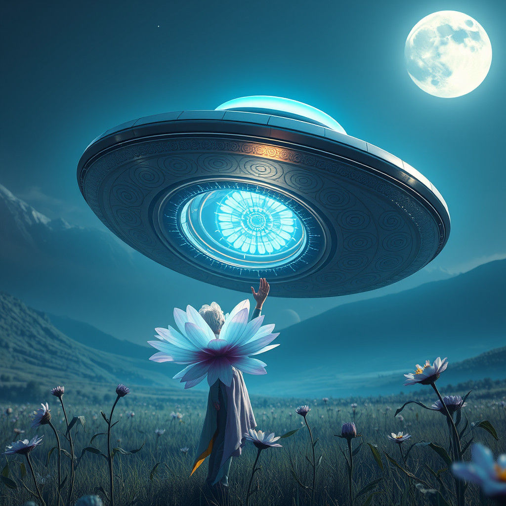 Alien Charges UFO with Daisy Power: 3D Anime Art