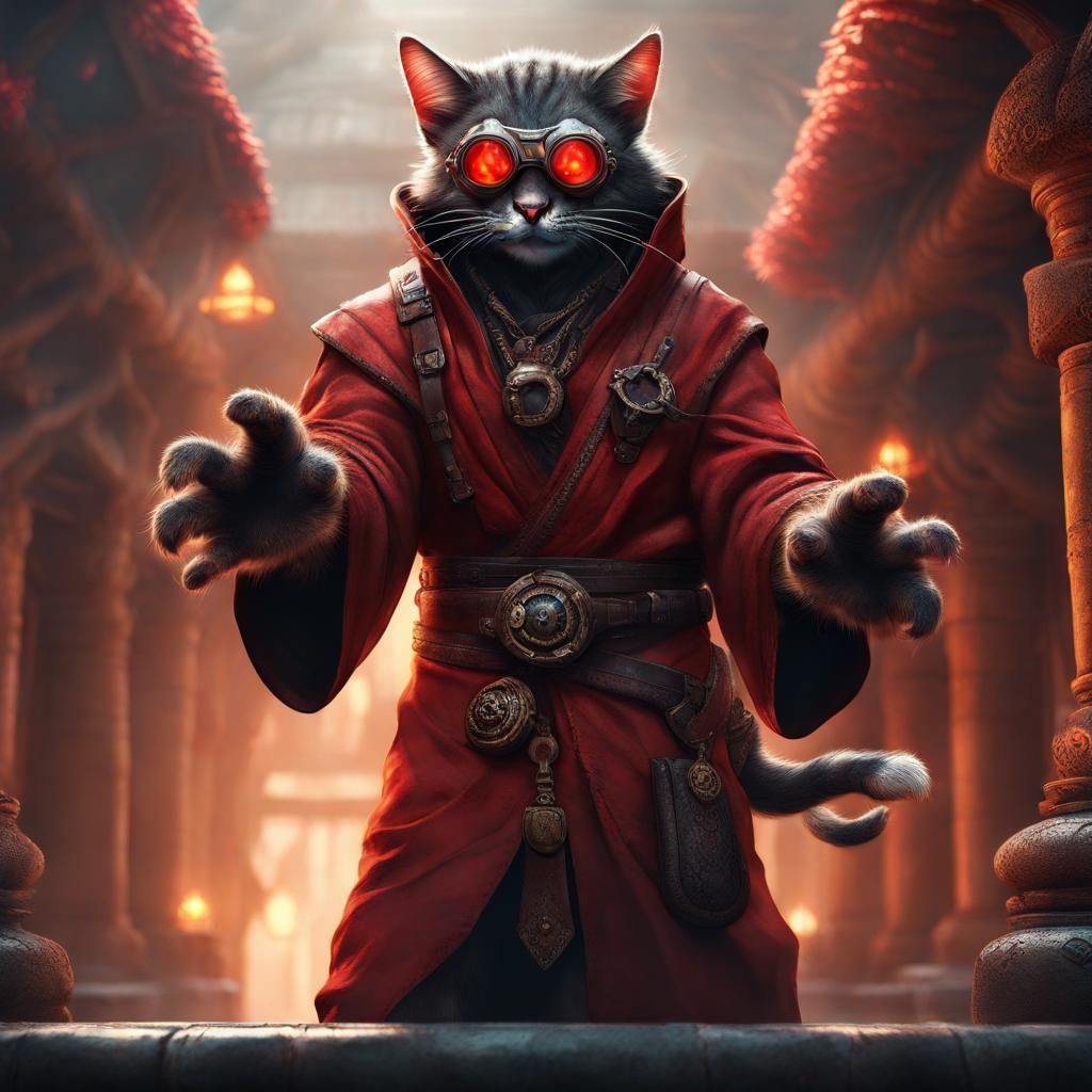 Fierce Catfolk Monk with Glowing Goggles