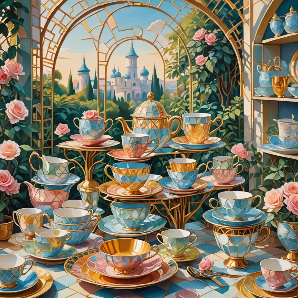 Cubist Tea Party in a Whimsical Garden