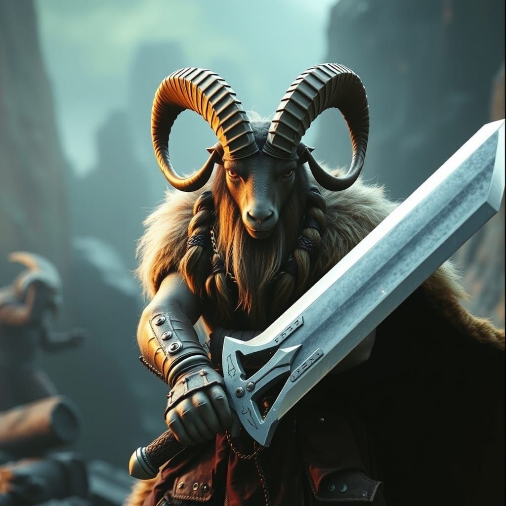 Goat Barbarian Warrior in Mystical Fantasy Realm