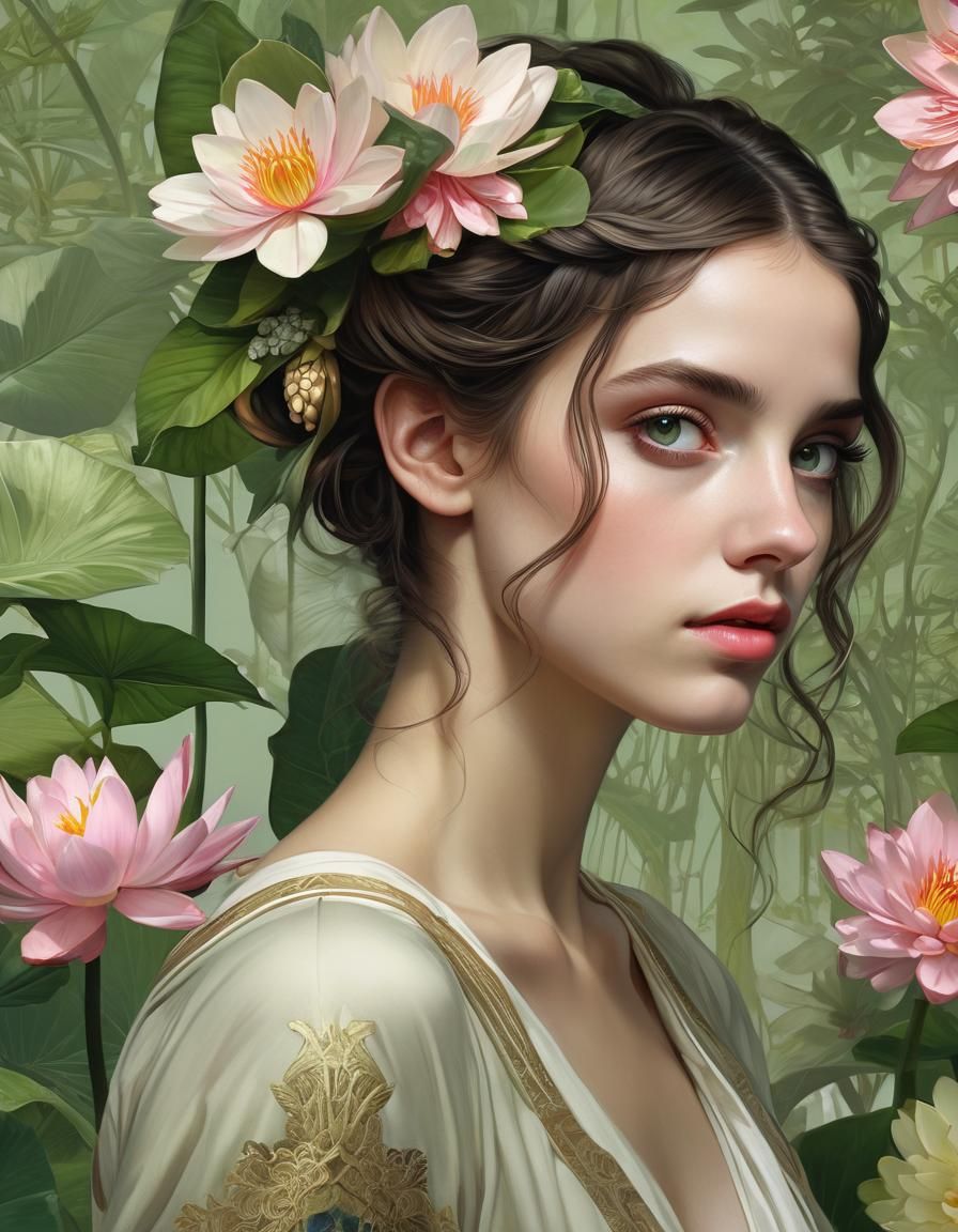 Green-Haired Goddess Portrait in Art Nouveau Style