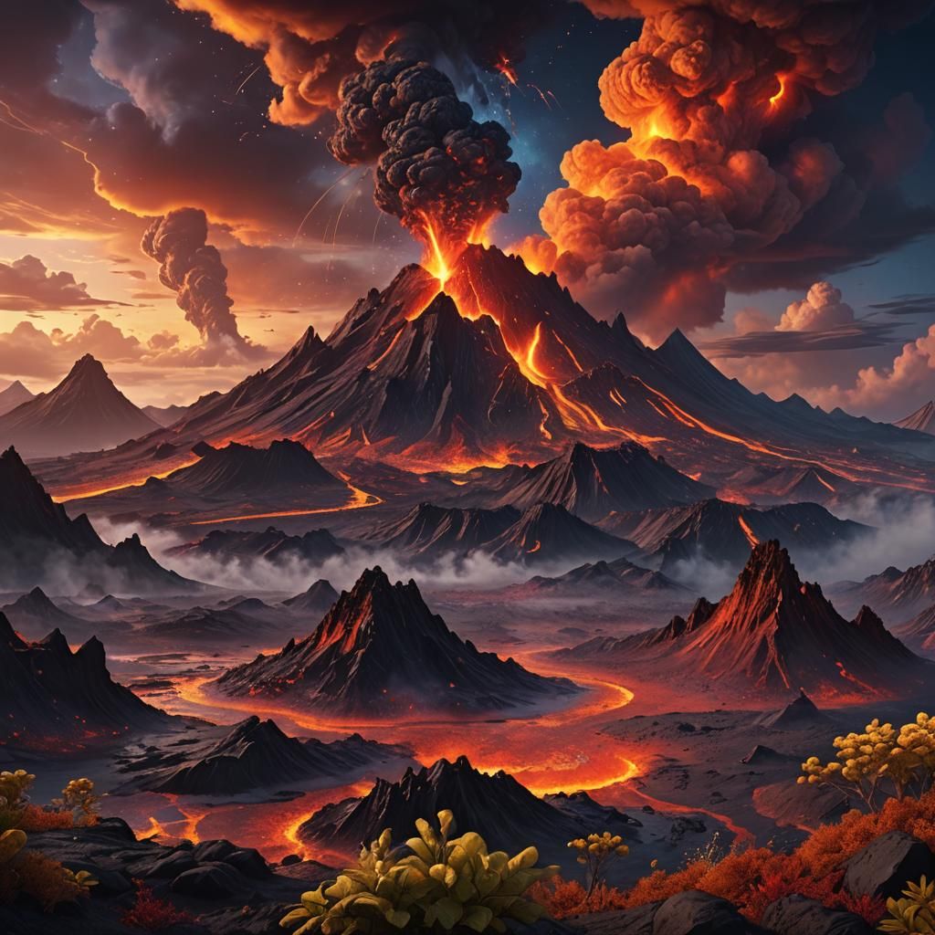 Otherworldly Volcano Island with Glowing Lava, Fantasy Art