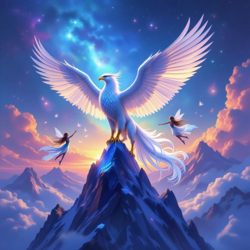 Griffin on Crystal Mountain Under Nebula Sky in Hyperrealist...