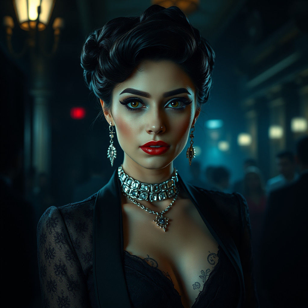 Mavis in Dimly Lit Environment, Hyperrealistic Digital Art