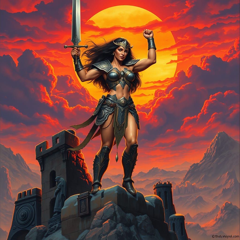 Amazon Warrior Triumphant on Fortress, Fantasy Art