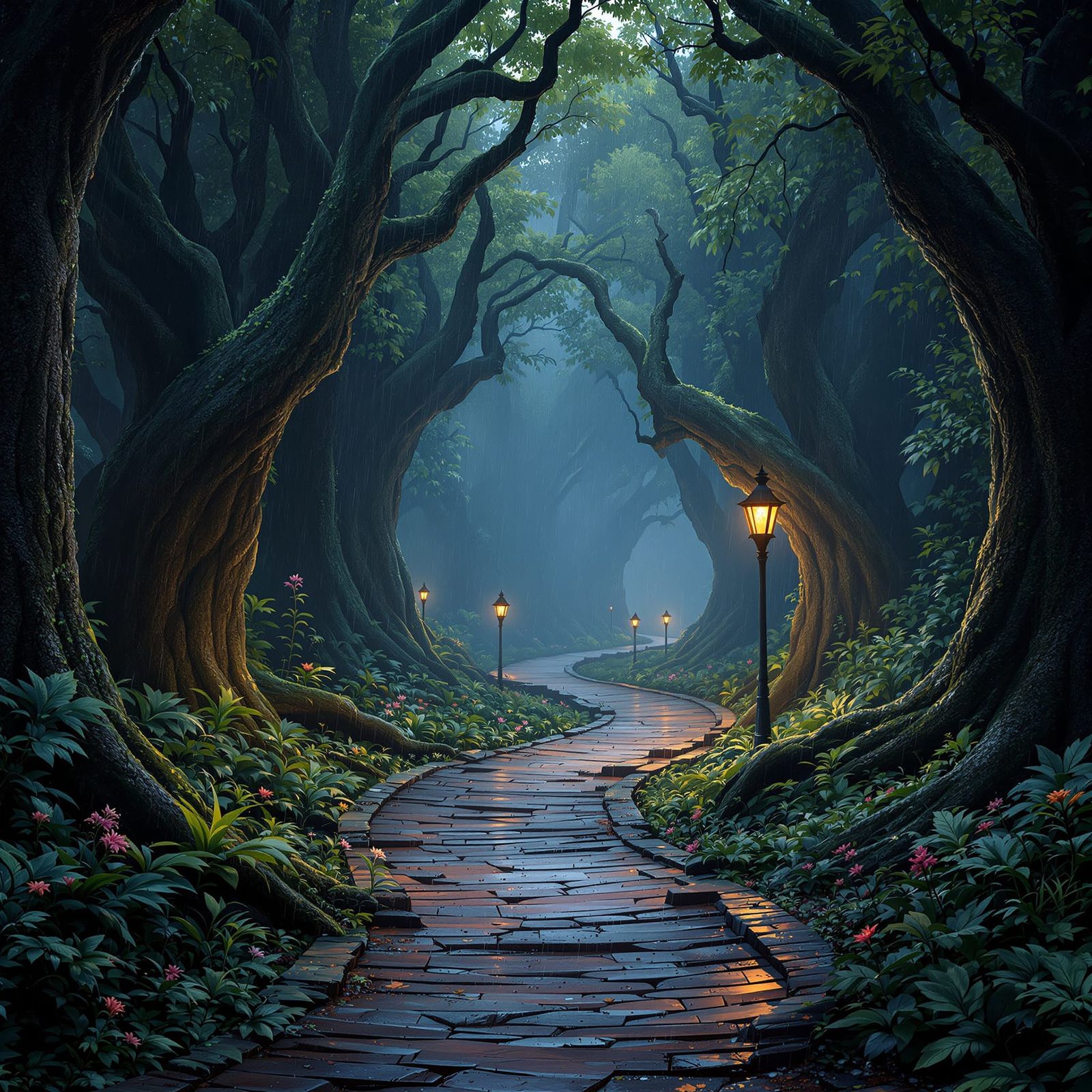 Enchanted Forest Path in Vibrant Matte Painting Style