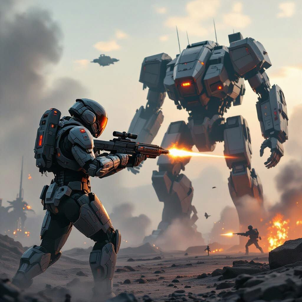 Futuristic Android Soldier in Dystopian Warzone