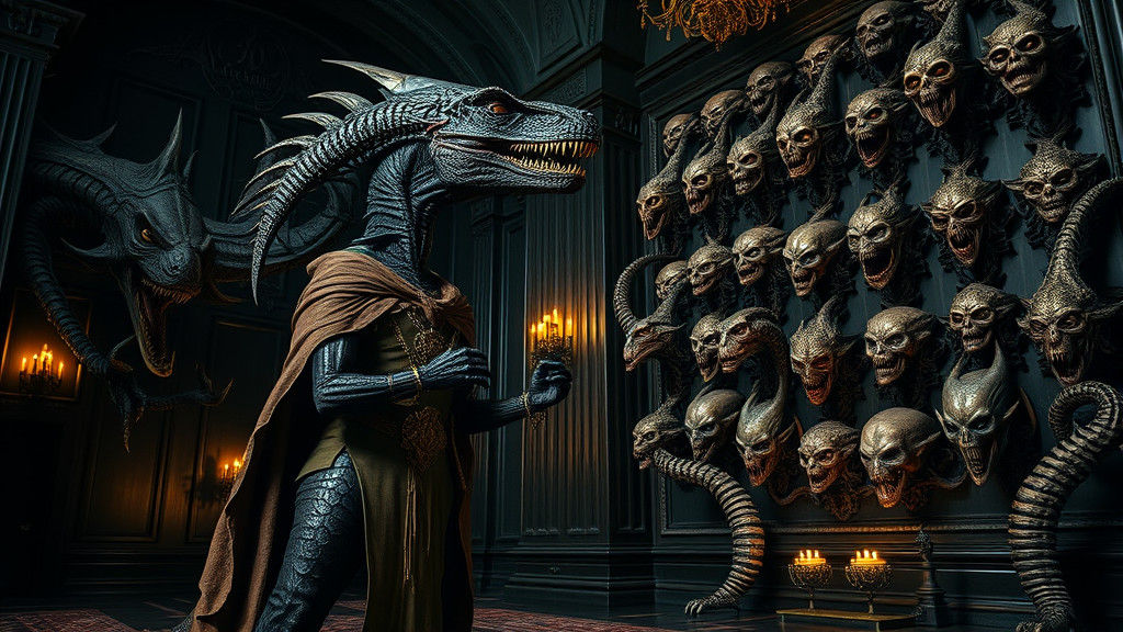 Alien Hybrid and Demon in Gothic Hall