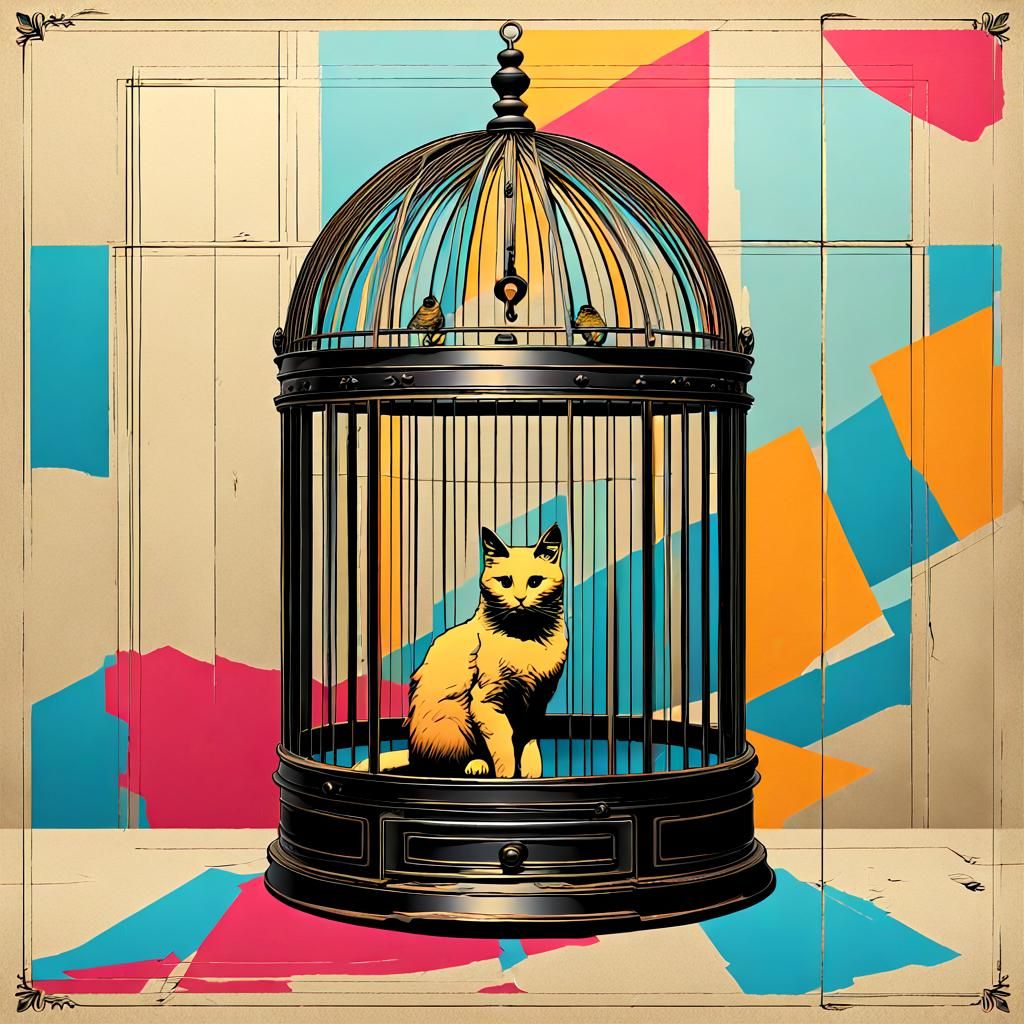 Cat-Bird Escapes Antique Cage: Pop Art Screen Print