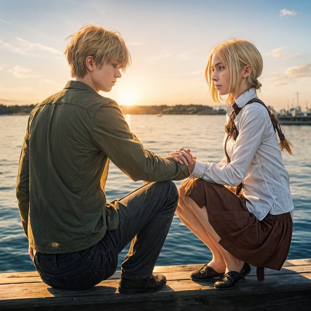 Annie and Armin in Love: Anime-Style Sunset Portrait