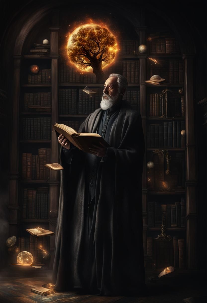 Esoteric Library Tree with Floating Books and Constellations