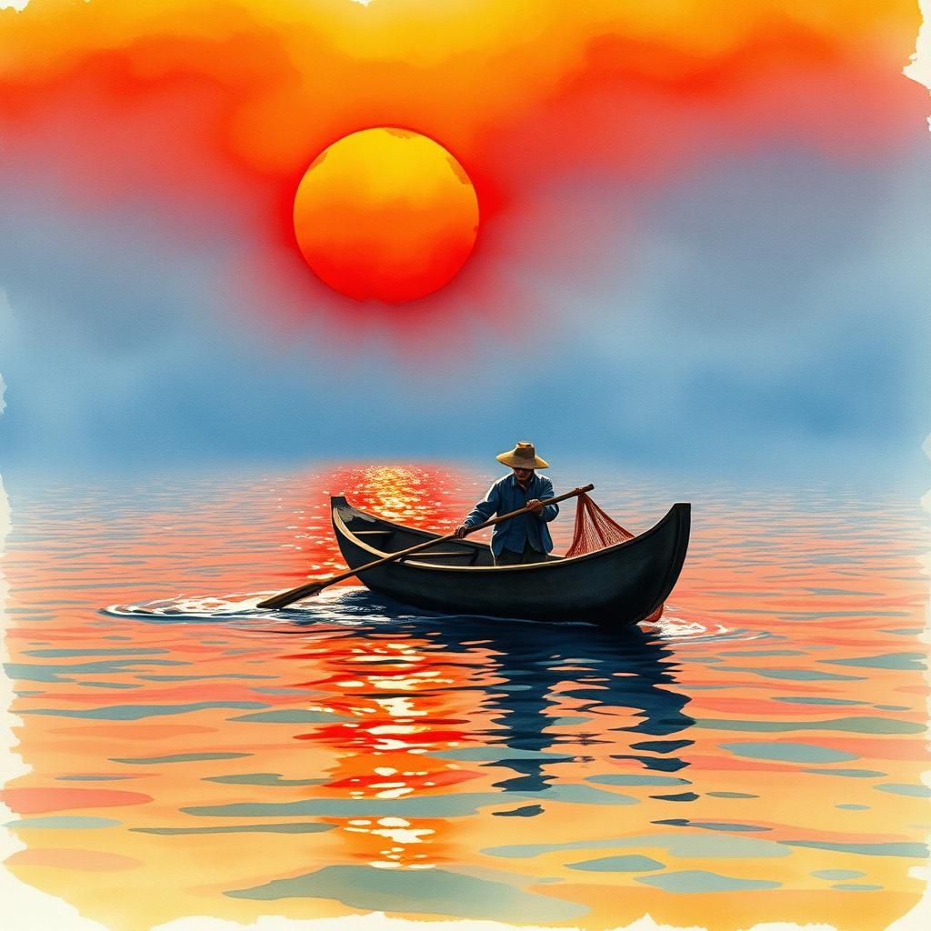 Peruvian Fisherman at Sunset: Digital Watercolor Art