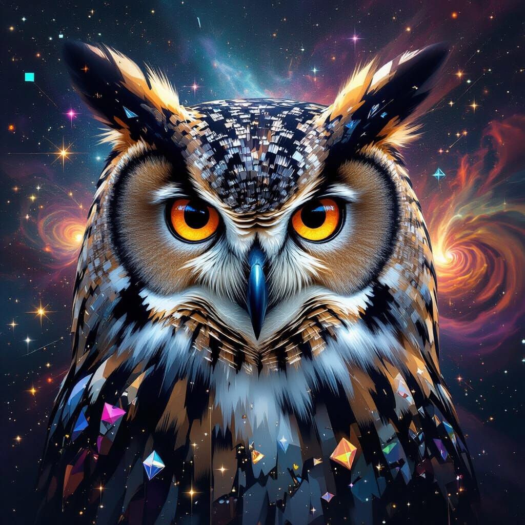 Crystal Owl Portrait in Glitch Art Style