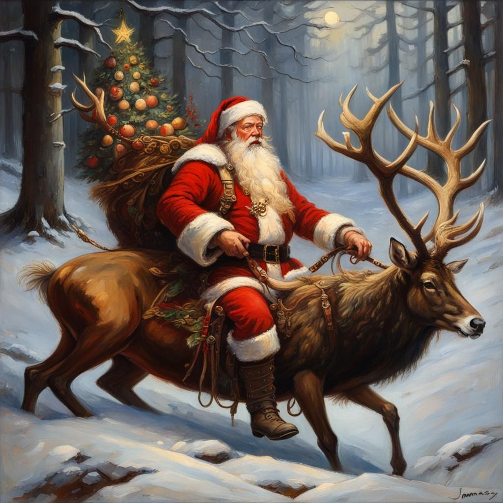 Odin as Santa Claus in Snowy Woodland