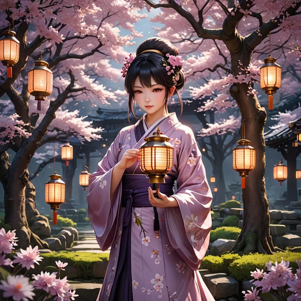 Dreamcore Neko Woman with Lantern, Anime Art
