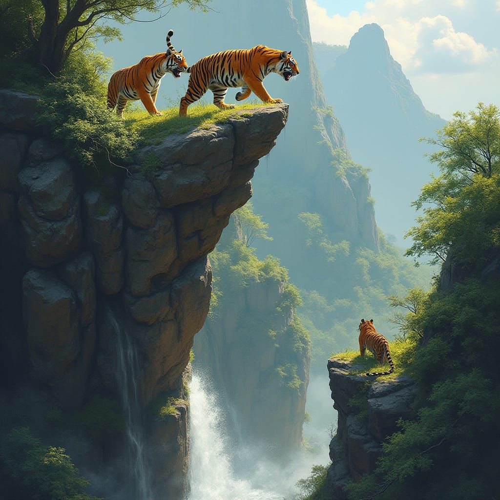Tigers Leap Across Jungle Cliff: Classical Painting Style