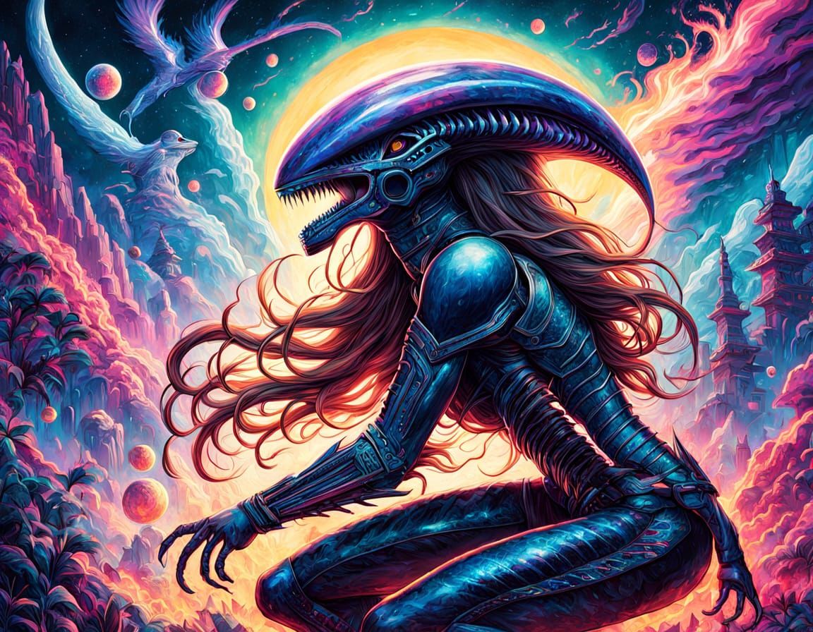 Amazonian Warrior in Xenomorph Armor Charges Forward in Epic...