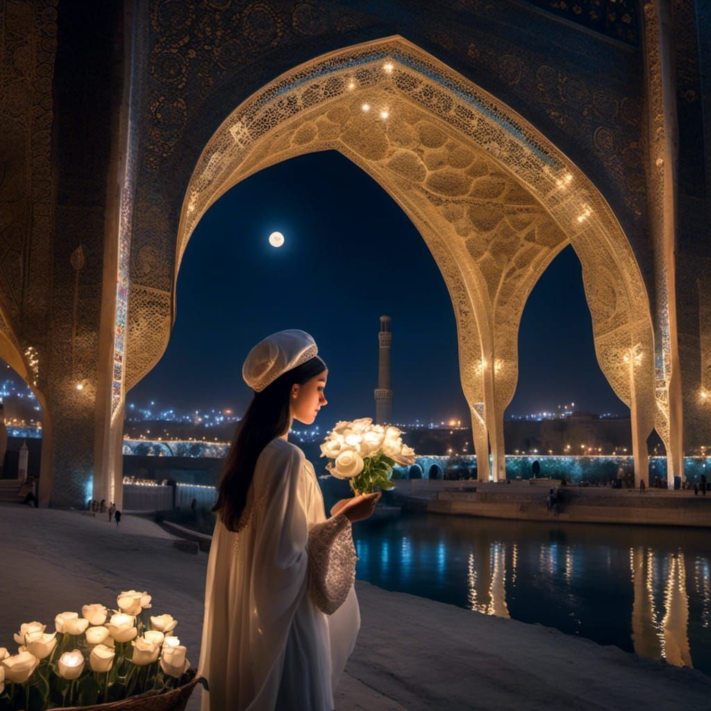 Iranian Girl with Rose at Isfahan Bridge