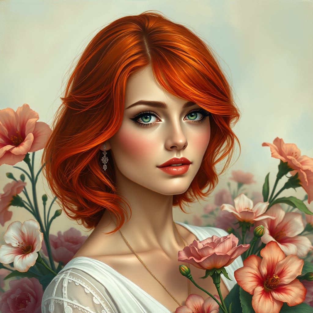 Red-Haired Woman Portrait in Gouache and Charcoal Style