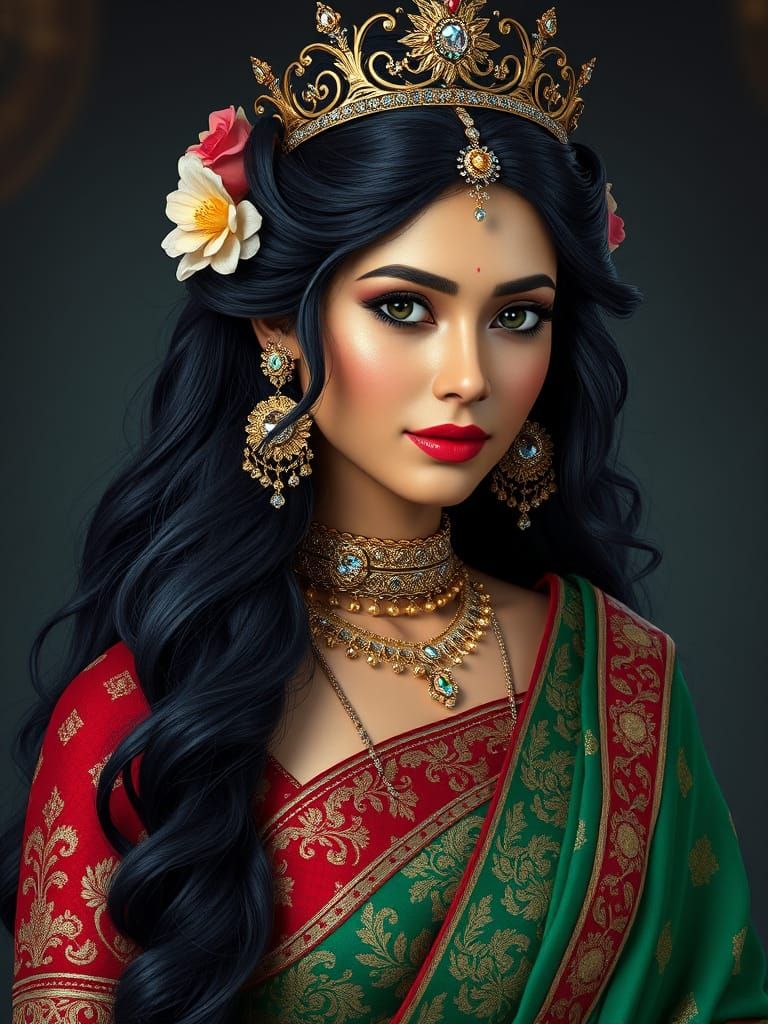 Regal Indian Goddess in Crimson and Emerald