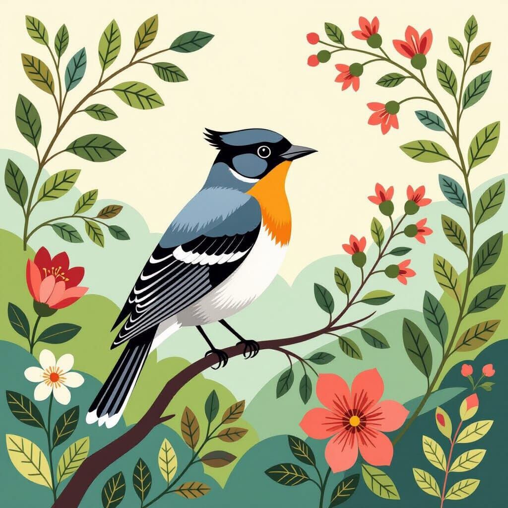 Majestic Bird in Lush Garden, Charley Harper Style