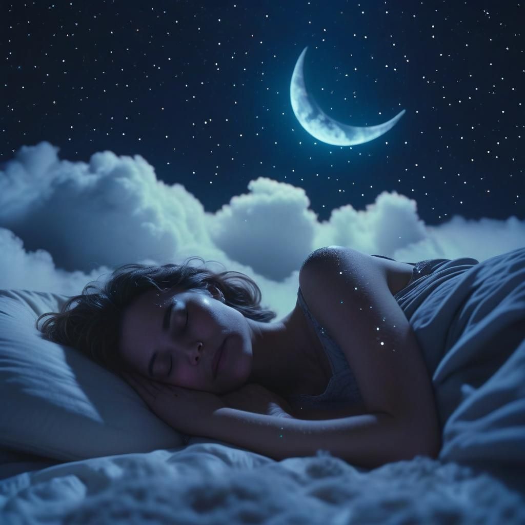 Woman Sleeping on a Cloud Under Crescent Moon