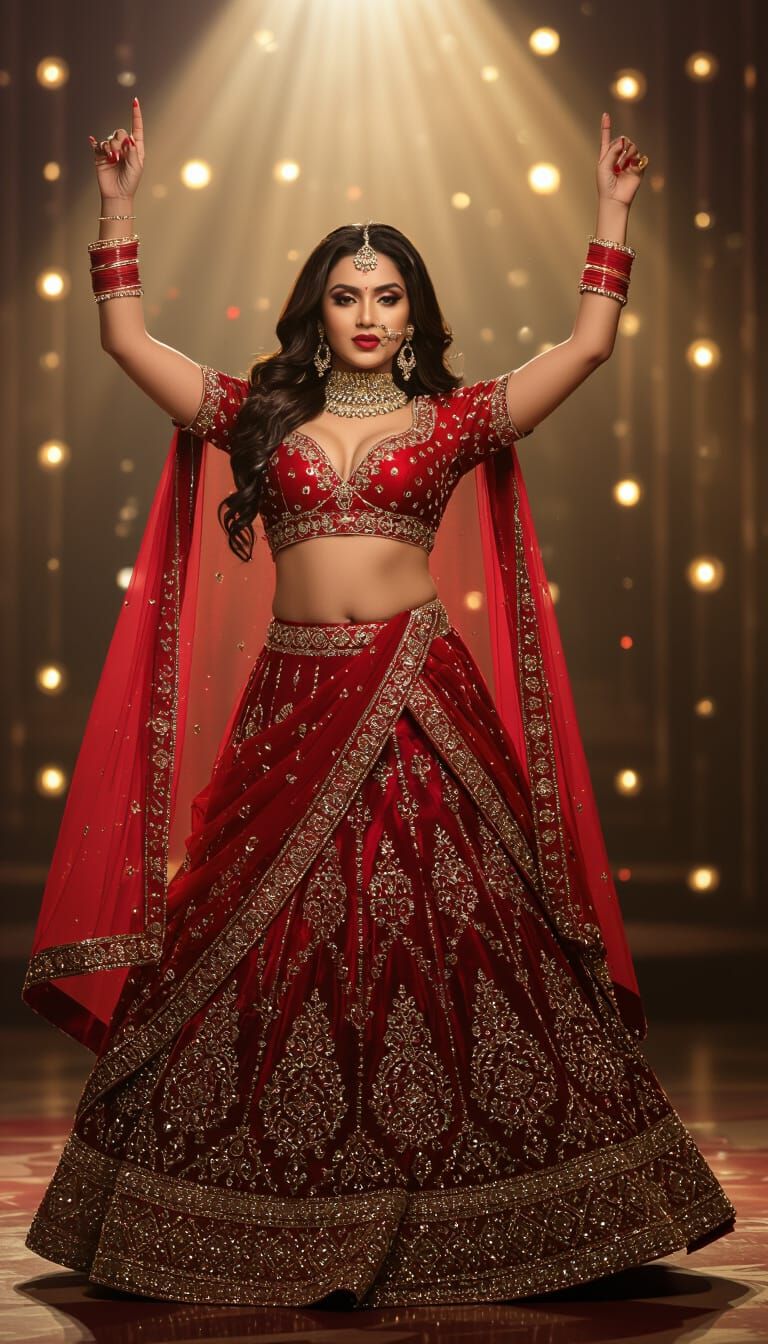 Glamorous Indian Woman in Red Lehenga, Bollywood Dance Pose