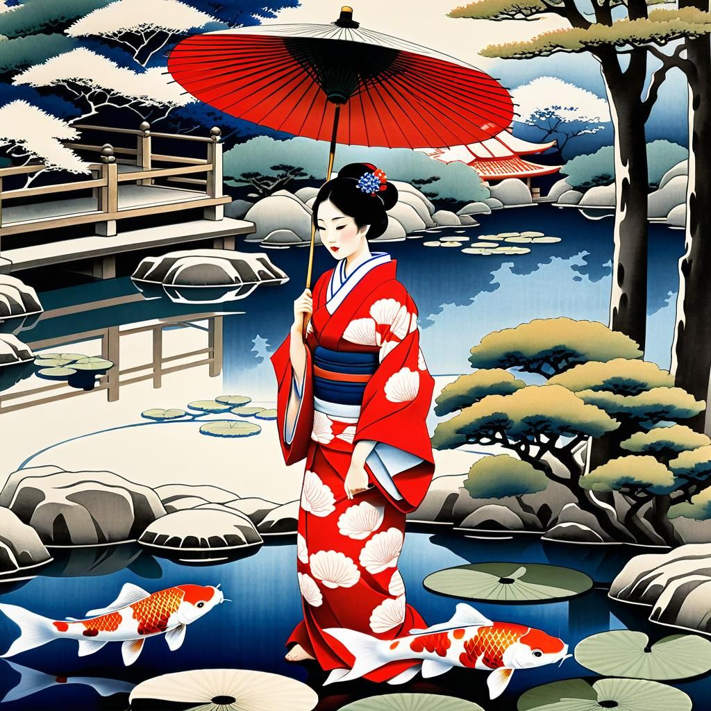 Japanese Girl by Koi Pond in Ukiyo-e Style