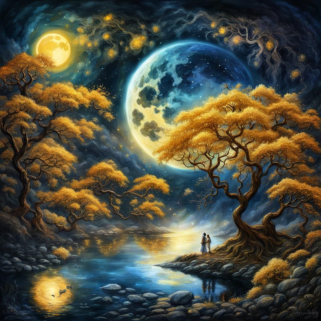 Golden Moon Eclipse with Black Sakura Trees