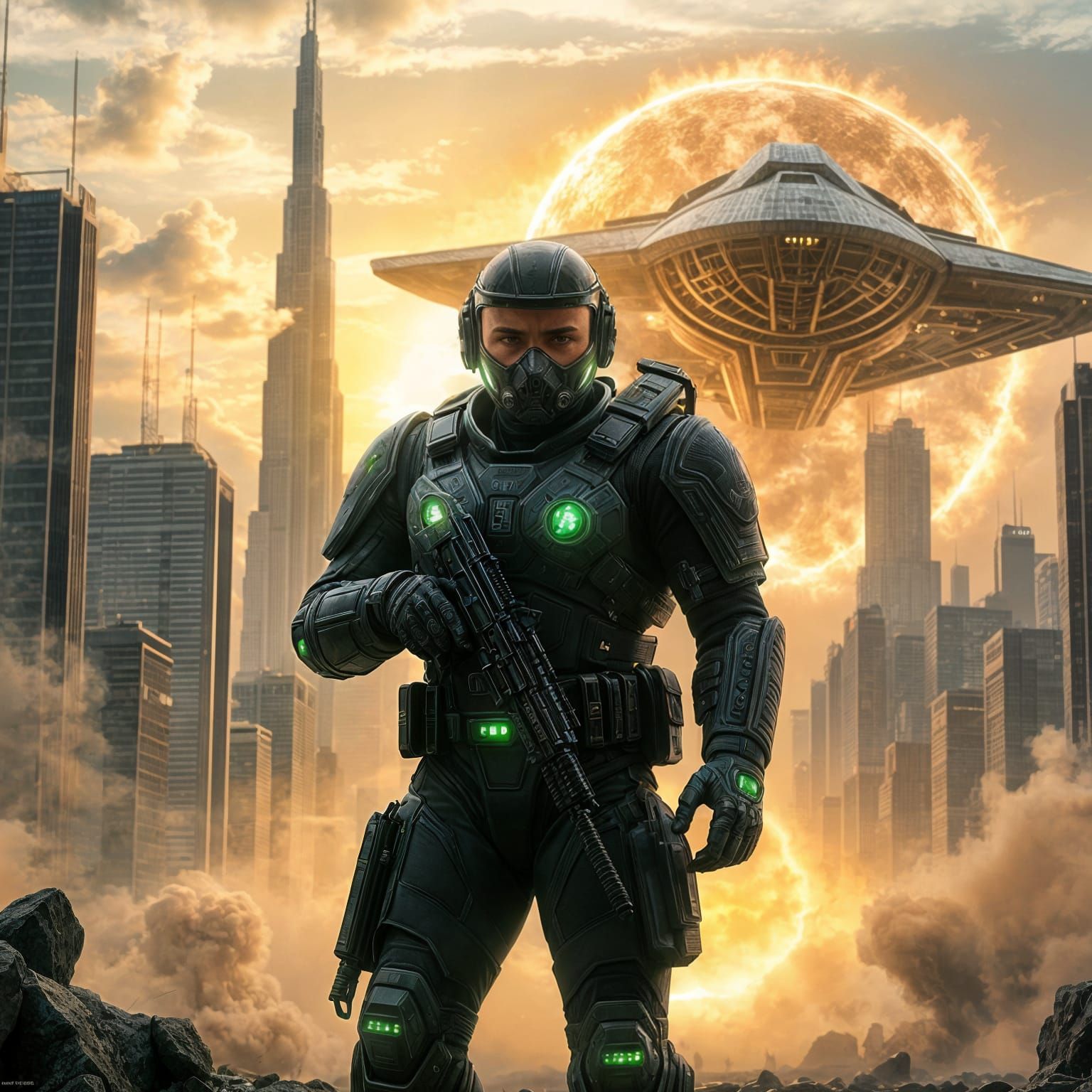 Futuristic Warrior in Neon Black Armor Amidst Dystopian Skys...