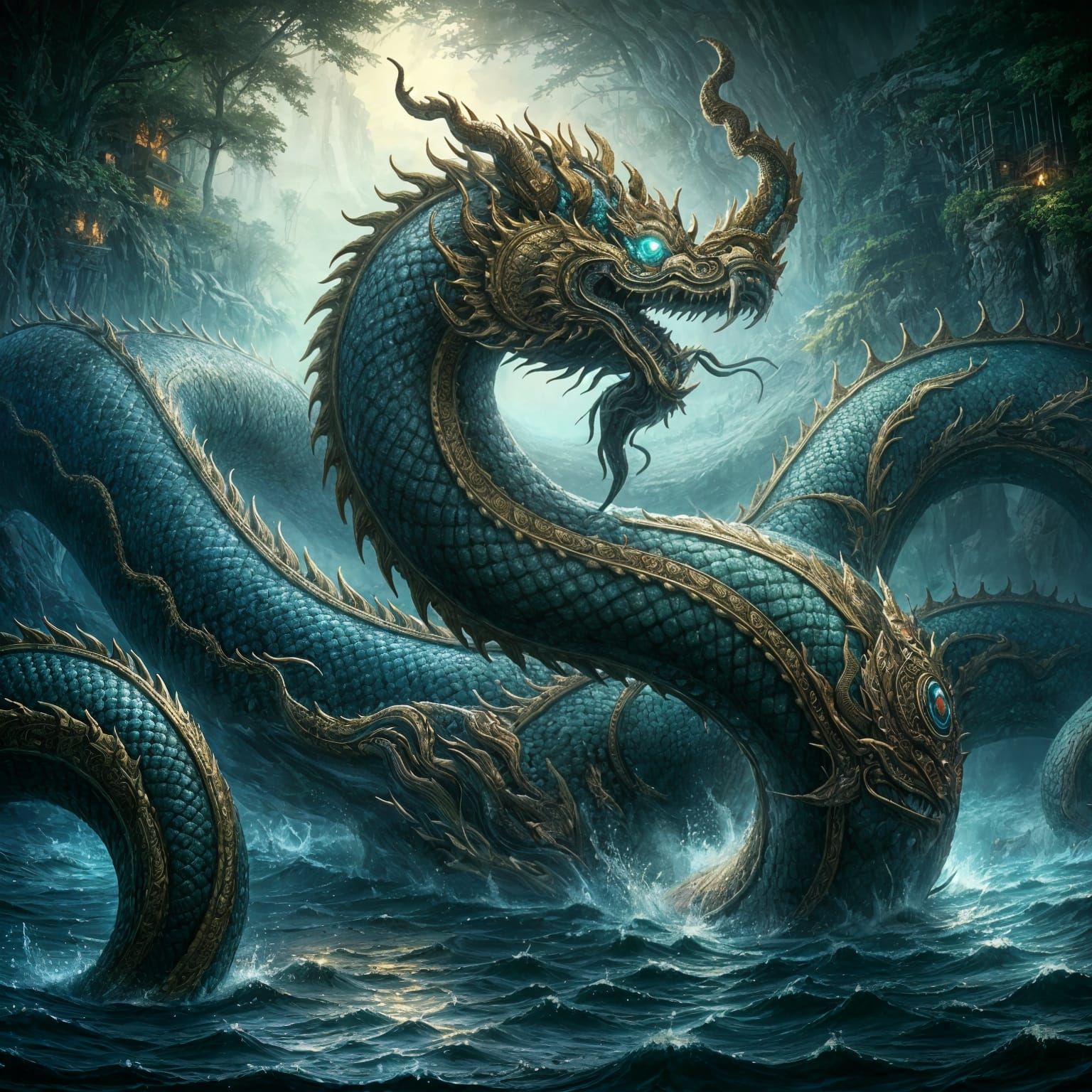 Thai Naka Serpent in Mystical River Painting