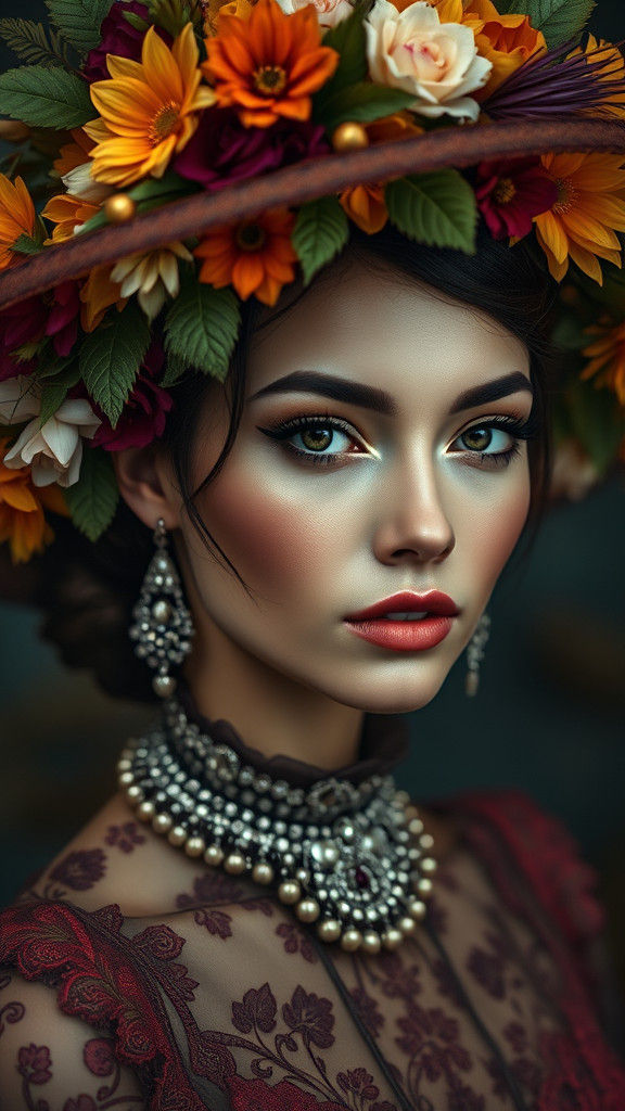 Elegant Woman in Elaborate Floral Hat