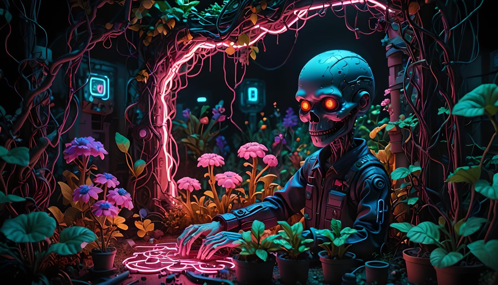 Neon Horror Garden in Claymation Style