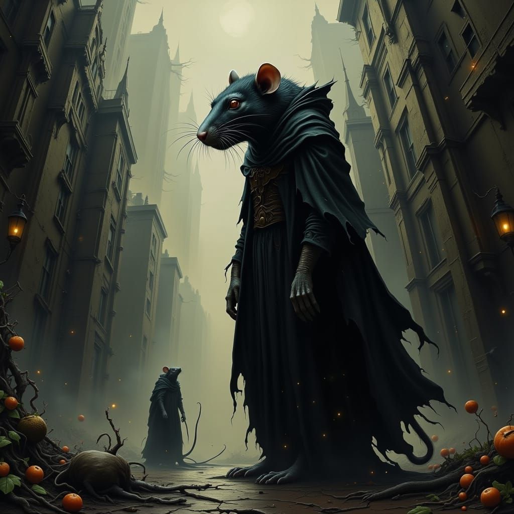 Rat Man in Dystopian Alleyway in Shadowy Style