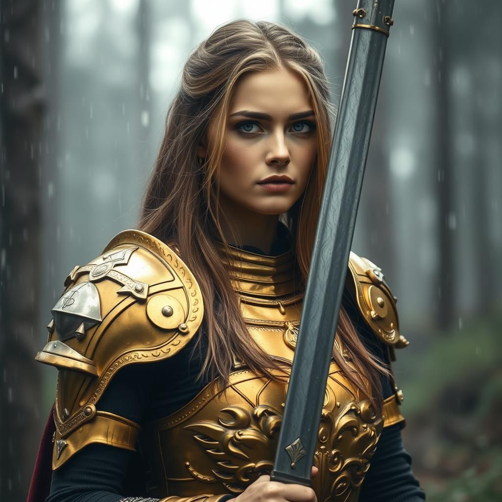 Woman in Golden Armor in a Forest