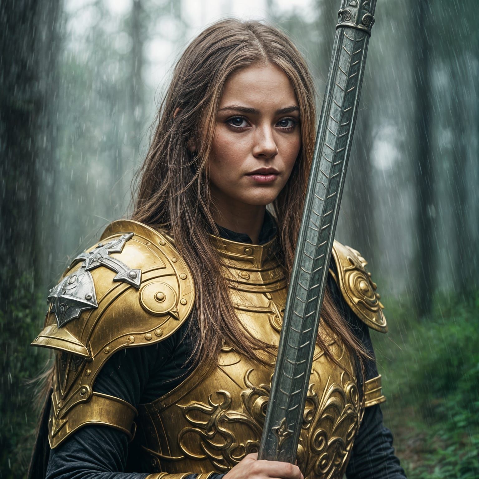 Woman in Golden Armor in Rainy Forest