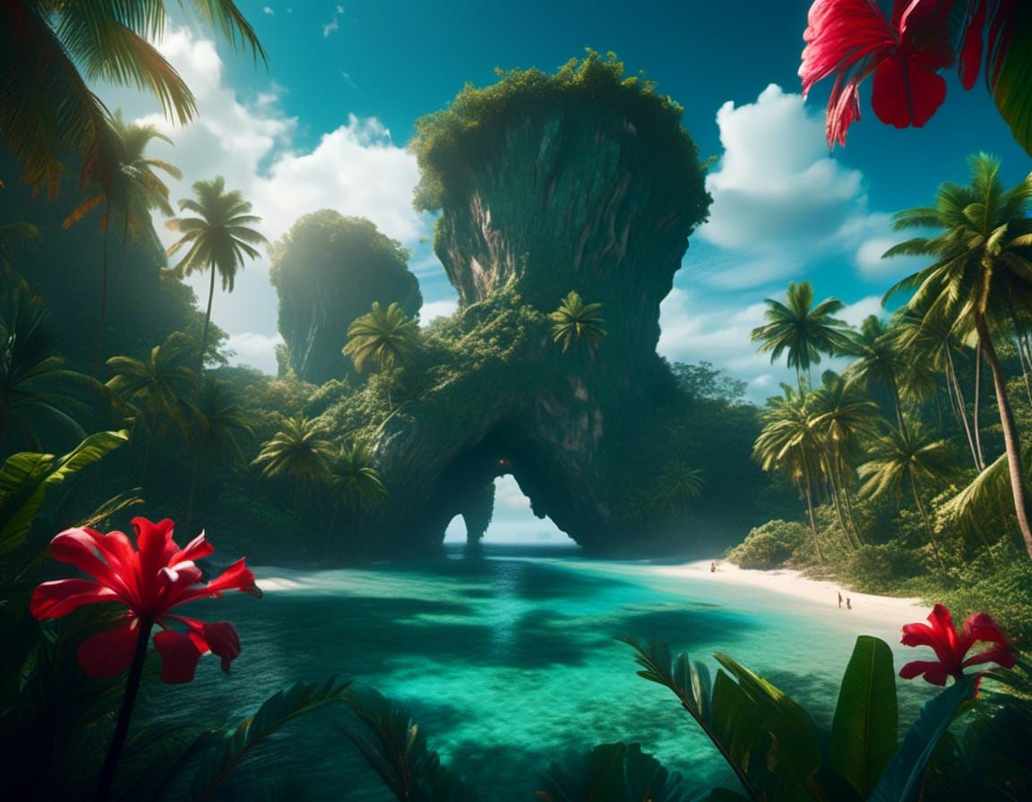 Lush Tropical Island Oasis in Digital Painting