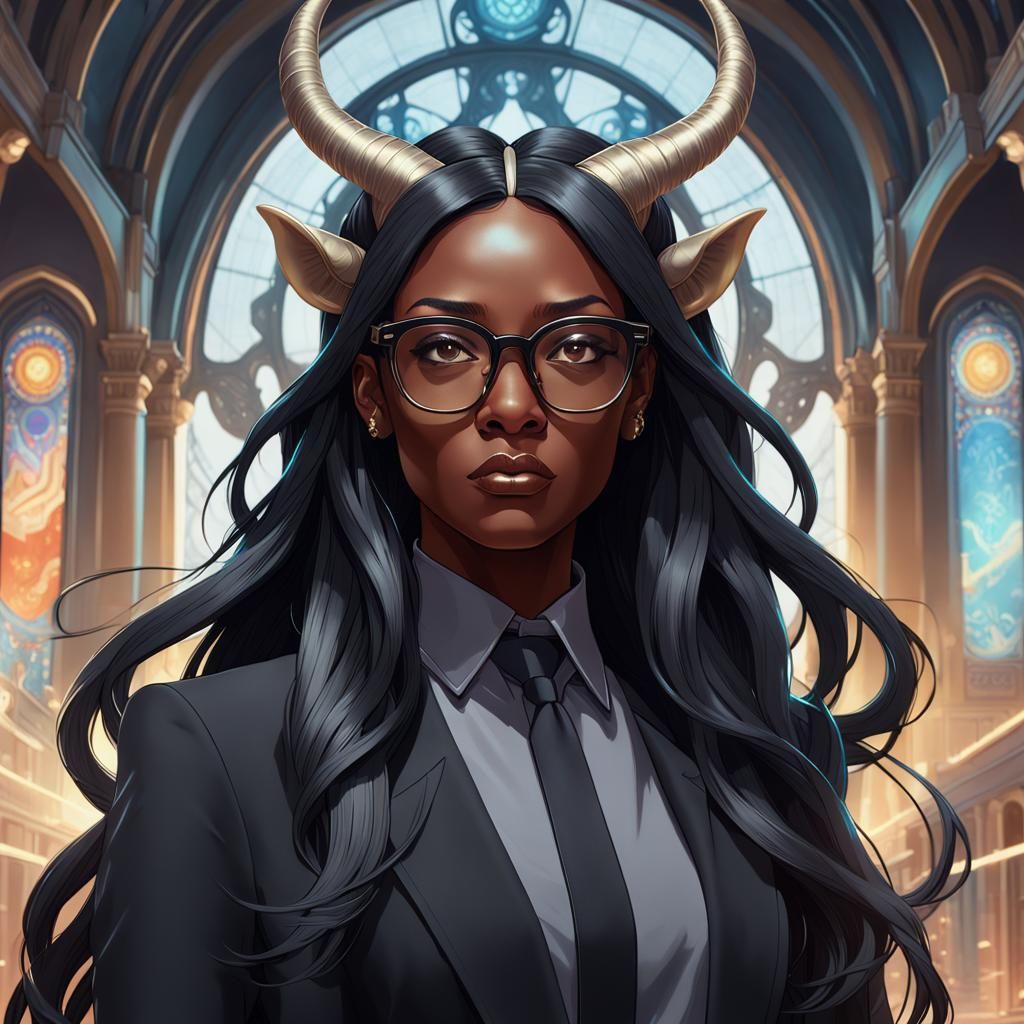 Portrait of Horned Woman in Black Suit