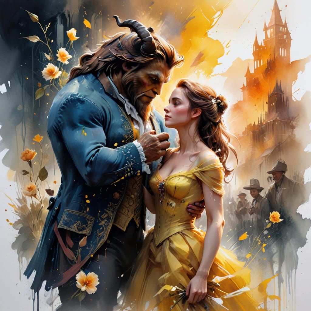 Beauty and the Beast in Cinematic Oil Painting Style