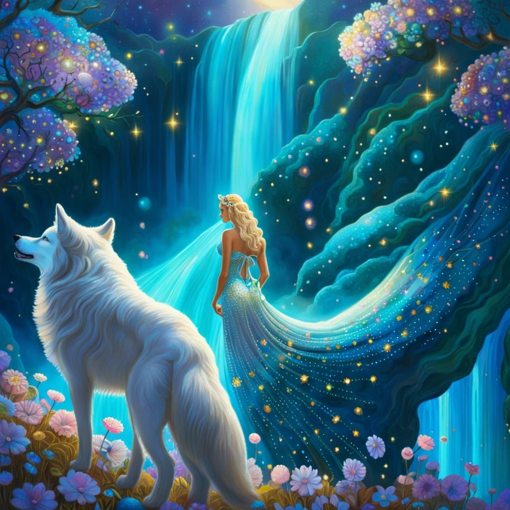 Goddess with Starry Wolf at Silver Waterfall