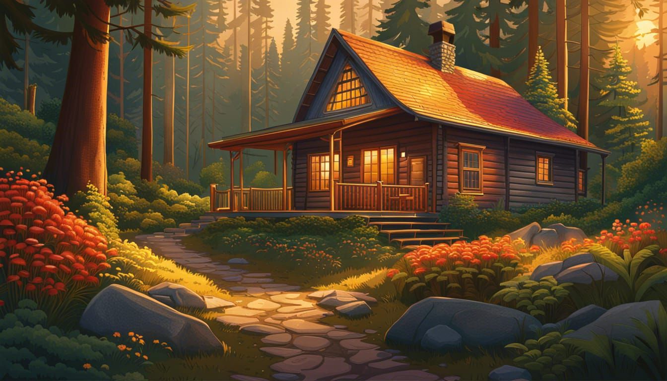 Cozy Cabin in Lush Forest Illustration